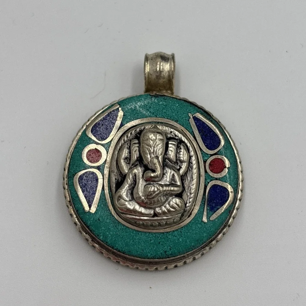 Tibet Elephant Tibetan Silver & Turquoise Ganesh Amulet For Necklace Jewelry - Picture 1 of 7